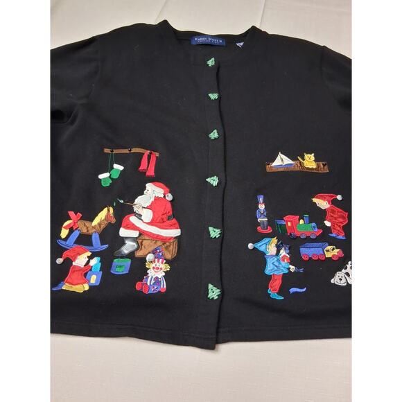 Karen Scott 1x Black Christmas Embroidered Embellished Tree Buttons Cardigan - Picture 2 of 12